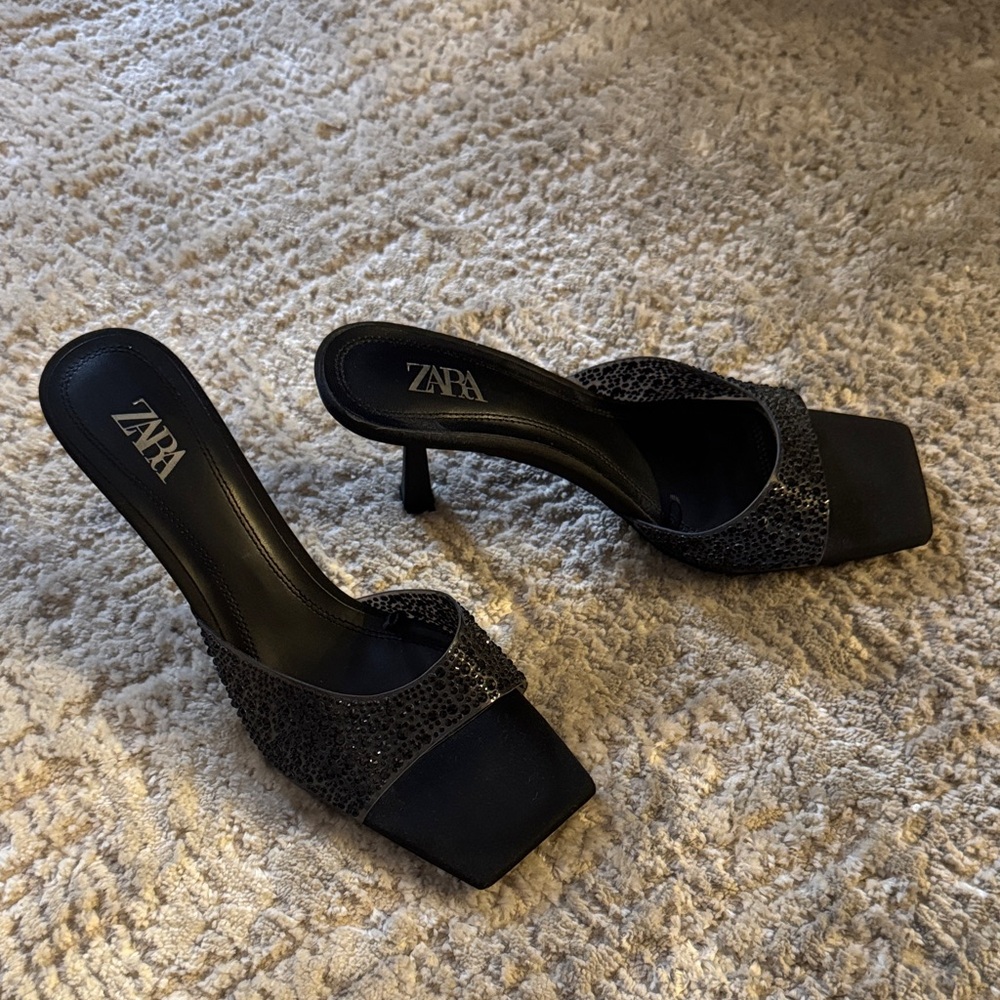 Zara Sparkling Black Heeled Sandals